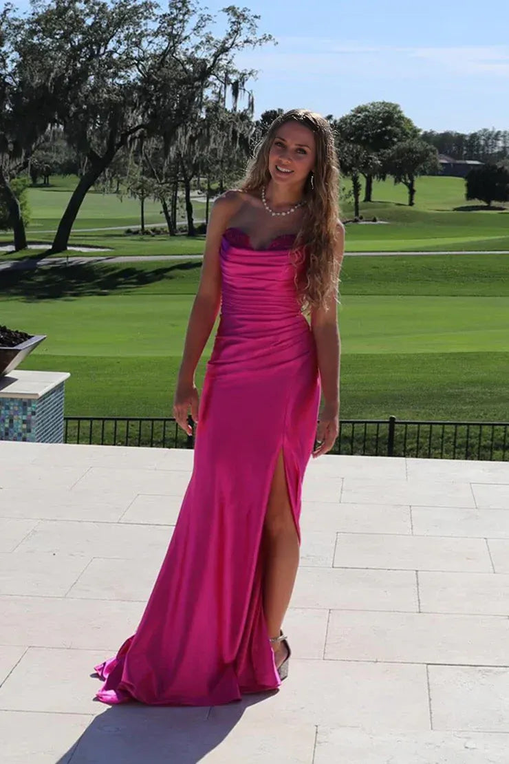 Robe fourreau Weitese sans bretelles fuchsia, longue robe de bal en satin avec fente latérale